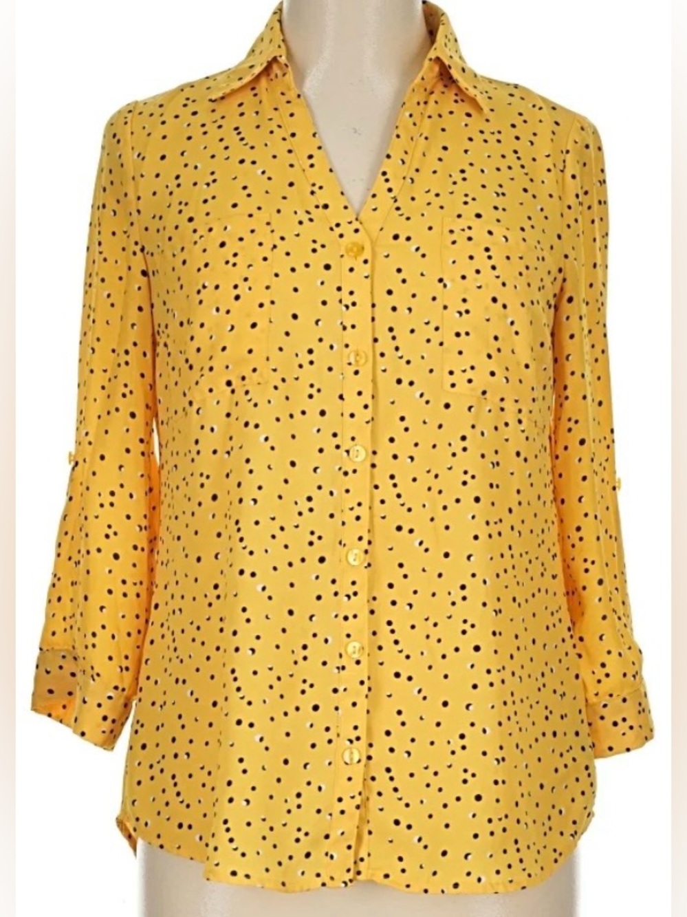 By & By Mustard Yellow Button Up Shirt with Black and White Polka Dots. NWT